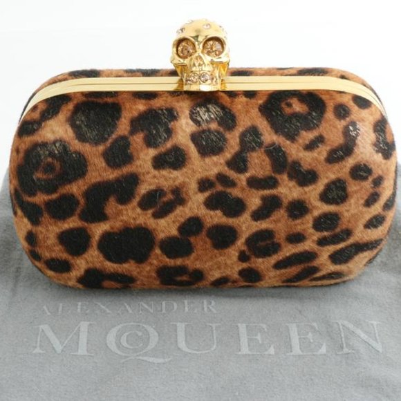 Alexander McQueen Box Leopard Print Calf Hair Skull Multicolor Leather Clutch - Picture 2 of 11